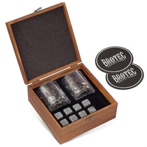 whiskey stones gift set - 8 granite chilling whisky rocks - 2 large crystal whiskey drinking glasses - 2 coasters in handmade wooden box – premium bar accessories for the best tasting beverages