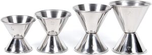 mulmehË economy style cocktail jiggers, includes all essential bar measurements, stainless steel, set of 4