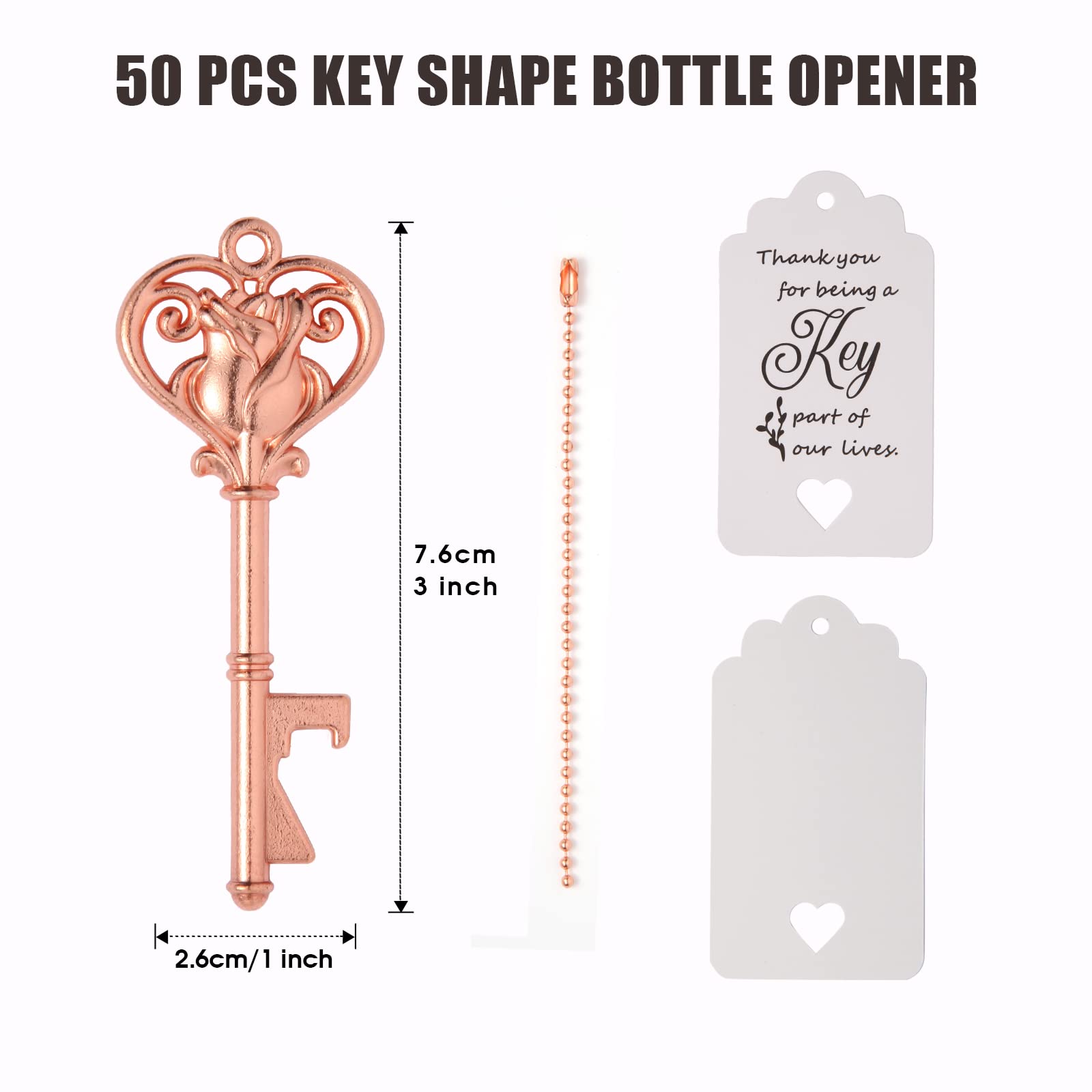 XHIPY 50 PCS Skeleton Key Bottle Openers,Wedding Favors guests Bulk,Roses Key Bottle Opener,Bridal Shower Party Favors with Card Tag(Rose Gold)
