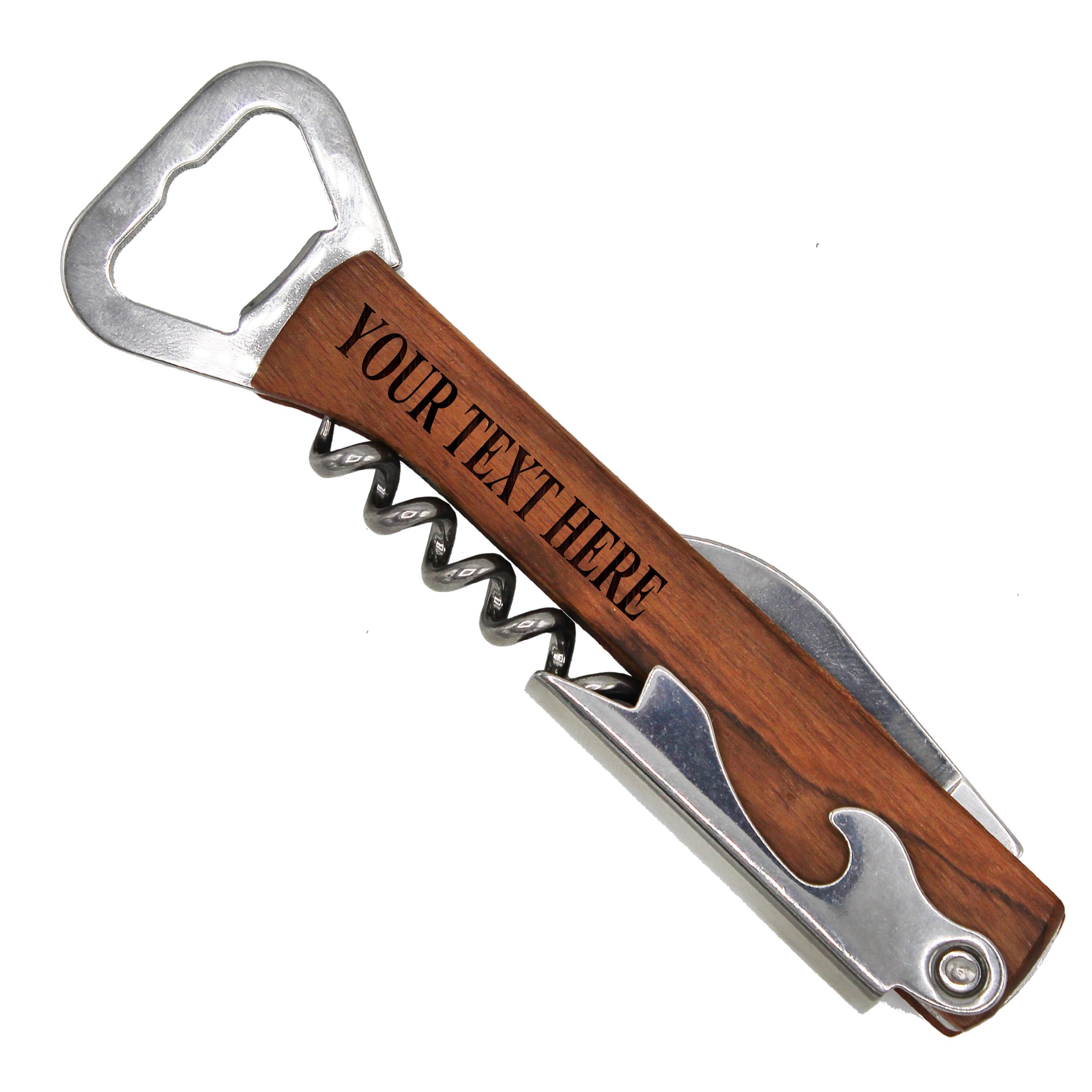 Custom Engraved Wine and Beer Corkscrew Multi Tool - Personalized with Your Text (Wood)