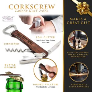 Custom Engraved Wine and Beer Corkscrew Multi Tool - Personalized with Your Text (Wood)