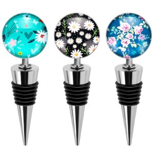 ohok wine stoppers for bottles,3 pcs stainless steel wine stoppers with decorative glass for wine collection red wine champagne beer saver sealer (flowers b)