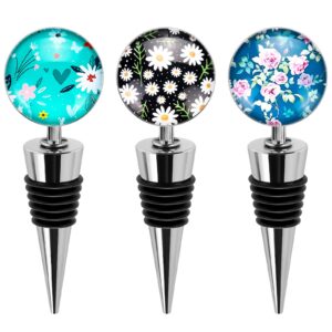 Ohok Wine Stoppers for Bottles,3 Pcs Stainless Steel Wine Stoppers with Decorative Glass for Wine Collection Red Wine Champagne Beer Saver Sealer (Flowers B)