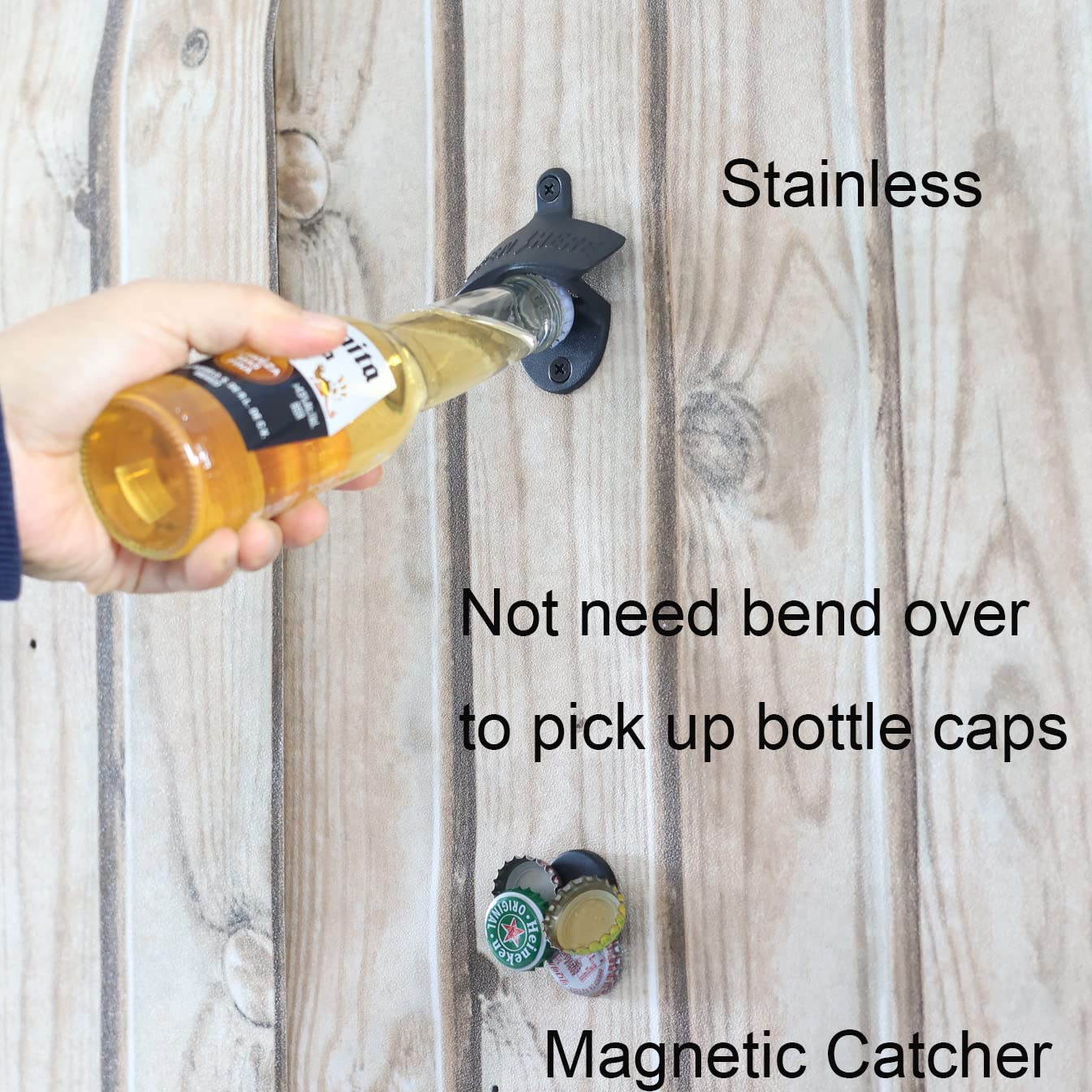 Jumiok Black Magnetic Beer Bottle Opener Wall Mounted Bottle Cap Opener with Magnet Catcher