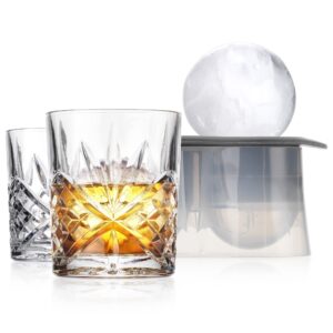 godinger whiskey glasses and sphere ice ball maker ice mold whiskey chilling barware set, drinking glasses, rocks glasses, gifts for men - set of 2
