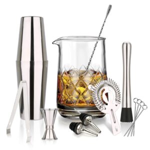 25 oz crystal cocktail mixing glass set - bartender kit for drinking lover - stainless steel hand shaker, spoon, ice tongs, jigger, pourer, strainer & muddler for home bar