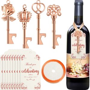 60 pieces key bottle opener with 60 pieces tag rose gold skeleton key bottle opener 4 styles include crown, heart, sun flower and rose with 6 rolls ribbons for wedding bridal shower party favor gifts
