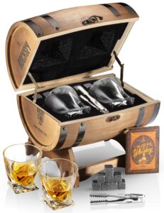 rocksly full barrel bar set: men’s premium whiskey stones gift box, wood case & stand, 2 glasses, 8 stones, tongs, carry bag, & cocktail cards, 14 pcs