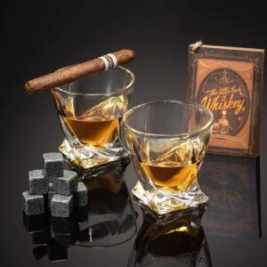 ROCKSLY Full Barrel BAR Set: Men’s Premium Whiskey Stones Gift Box, Wood Case & Stand, 2 Glasses, 8 Stones, Tongs, Carry Bag, & Cocktail Cards, 14 Pcs