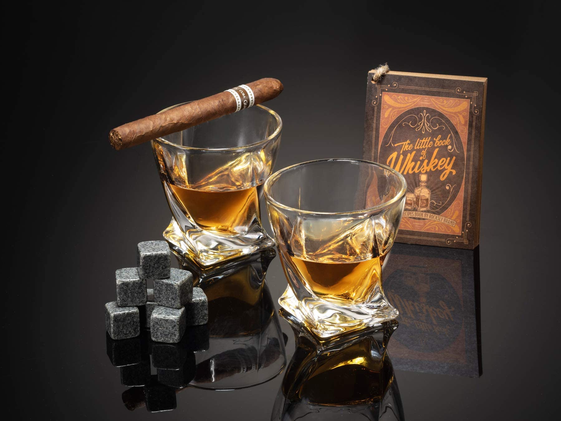 ROCKSLY Full Barrel BAR Set: Men’s Premium Whiskey Stones Gift Box, Wood Case & Stand, 2 Glasses, 8 Stones, Tongs, Carry Bag, & Cocktail Cards, 14 Pcs