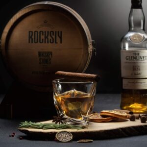 ROCKSLY Full Barrel BAR Set: Men’s Premium Whiskey Stones Gift Box, Wood Case & Stand, 2 Glasses, 8 Stones, Tongs, Carry Bag, & Cocktail Cards, 14 Pcs