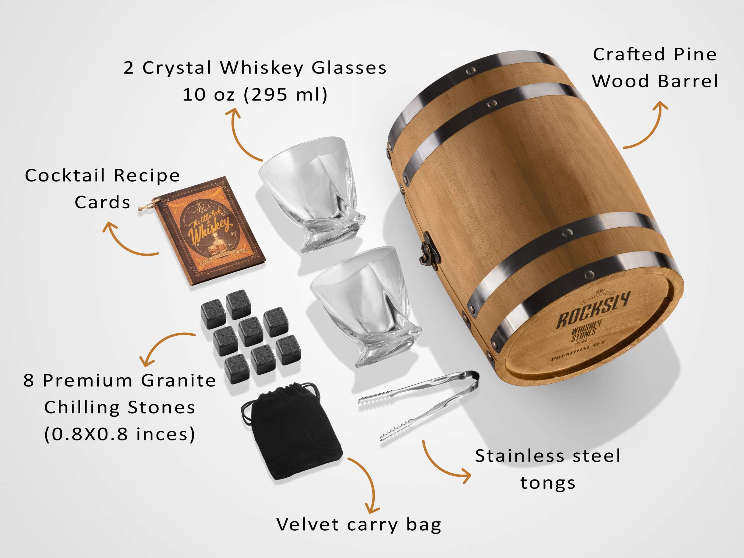 ROCKSLY Full Barrel BAR Set: Men’s Premium Whiskey Stones Gift Box, Wood Case & Stand, 2 Glasses, 8 Stones, Tongs, Carry Bag, & Cocktail Cards, 14 Pcs