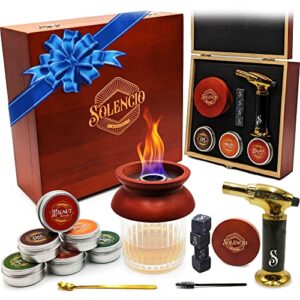 solencio cocktail smoker kit with butane torch, 6 wood chip flasks, 4 stone ice cubes, and whiskey box set for old fashioned and bourbon infusion as gift for men, husband, dad, and all whisky lovers