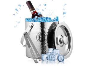 ice bucket with lid, insulated hammered ice bucket for cocktail bar with ice tong, double walled stainless steel, 1.75 l, 1.84 quarts, ice cold for 6 h with handle (silver hammered)