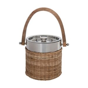 creative co-op stainless steel and woven rattan mango wood handle ice bucket, 7" l x 10" w x 7" h, natural