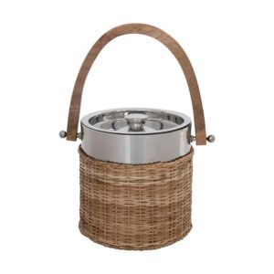 Creative Co-Op Stainless Steel and Woven Rattan Mango Wood Handle Ice Bucket, 7" L x 10" W x 7" H, Natural