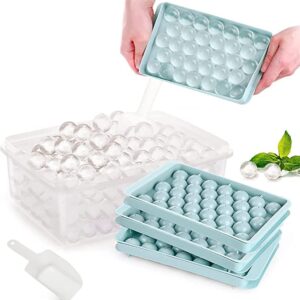 SCEssentials Round Ice Cube Tray with Lid Bin Ball Maker Mold for Freezer Container Mini Circle Making 99 piece Sphere Chilling Cocktail Whiskey Tea Coffee 3 Trays 1 Bucket Scoop total PACKS Blue