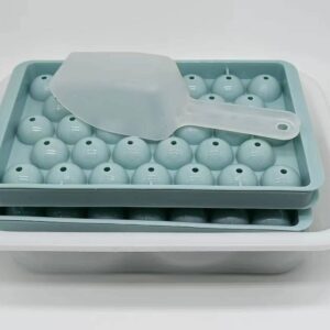 SCEssentials Round Ice Cube Tray with Lid Bin Ball Maker Mold for Freezer Container Mini Circle Making 99 piece Sphere Chilling Cocktail Whiskey Tea Coffee 3 Trays 1 Bucket Scoop total PACKS Blue