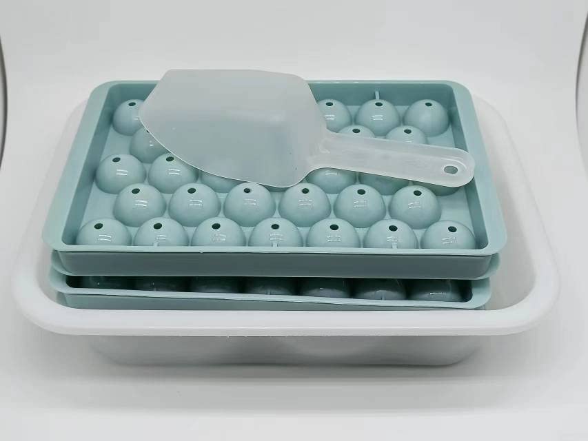 SCEssentials Round Ice Cube Tray with Lid Bin Ball Maker Mold for Freezer Container Mini Circle Making 99 piece Sphere Chilling Cocktail Whiskey Tea Coffee 3 Trays 1 Bucket Scoop total PACKS Blue