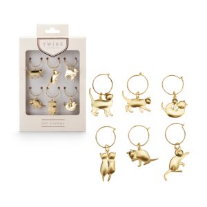 twine cat lovers wine charms with six unique designs, drink markers for stemware, gold