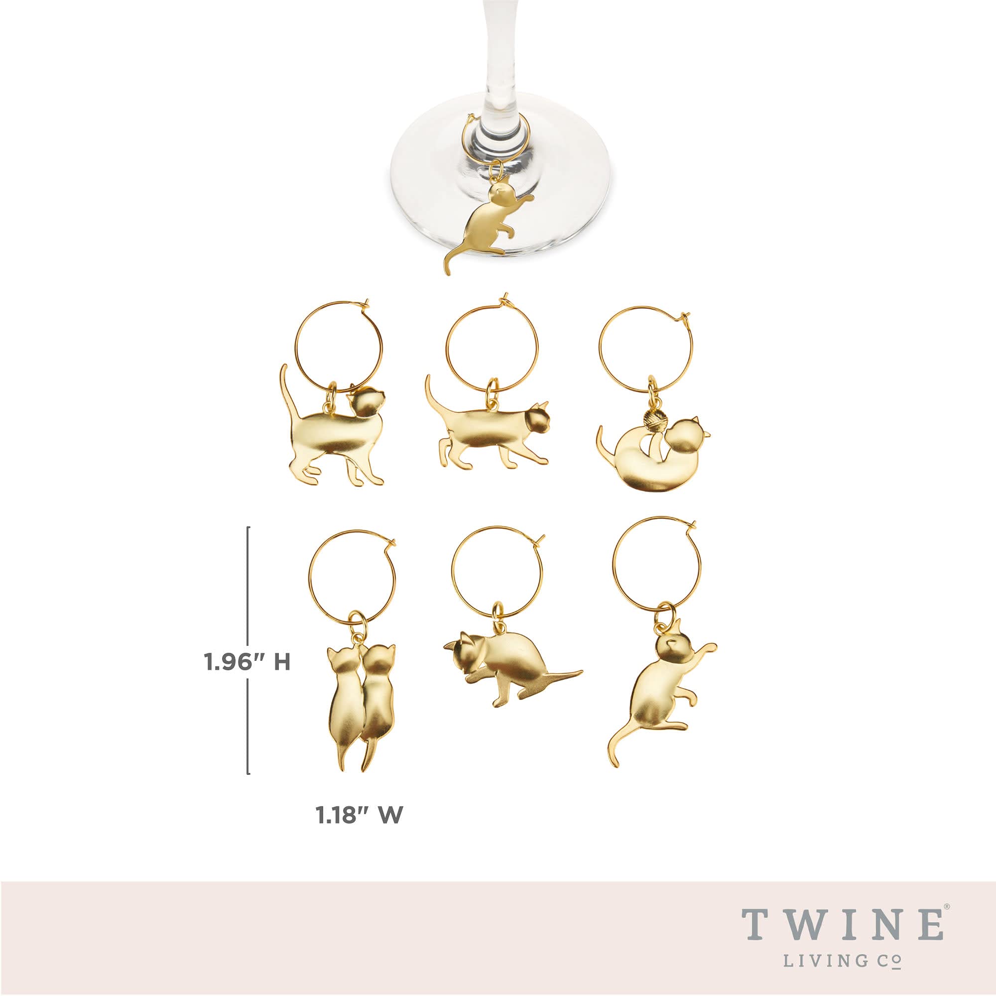 Twine Cat Lovers Wine Charms with Six Unique Designs, Drink Markers for Stemware, Gold