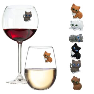 simply charmed cat wine charms or drink glass markers - magnetic - great birthday or hostess gift for cat lovers - set of 6 cute kitty glass identifiers