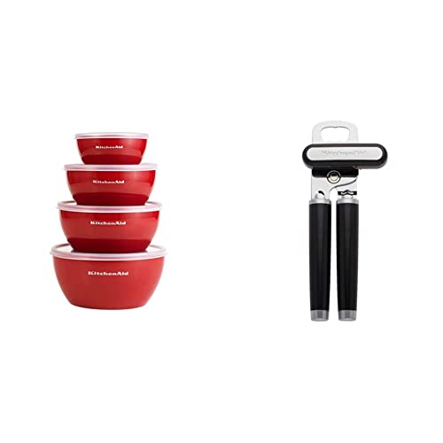 KitchenAid Classic Prep Bowls with Lids Set of 4, Empire Red and KitchenAid Classic Multifunction Can Opener/Bottle Opener, 8.34-Inch, Black