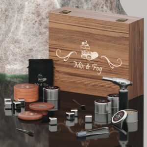 old fashioned cocktail smoker mixology bartenders kit - for cocktails, bitters, brandy & scotch, whiskey, bourbon | 4 cans of wood chips, 4 coasters, 8 stainless steel whisky stones, torch (no butane)