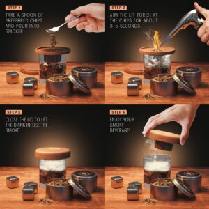 Old Fashioned Cocktail Smoker Mixology Bartenders Kit - For Cocktails, Bitters, Brandy & Scotch, Whiskey, Bourbon | 4 cans of Wood Chips, 4 Coasters, 8 Stainless Steel Whisky Stones, Torch (NO Butane)