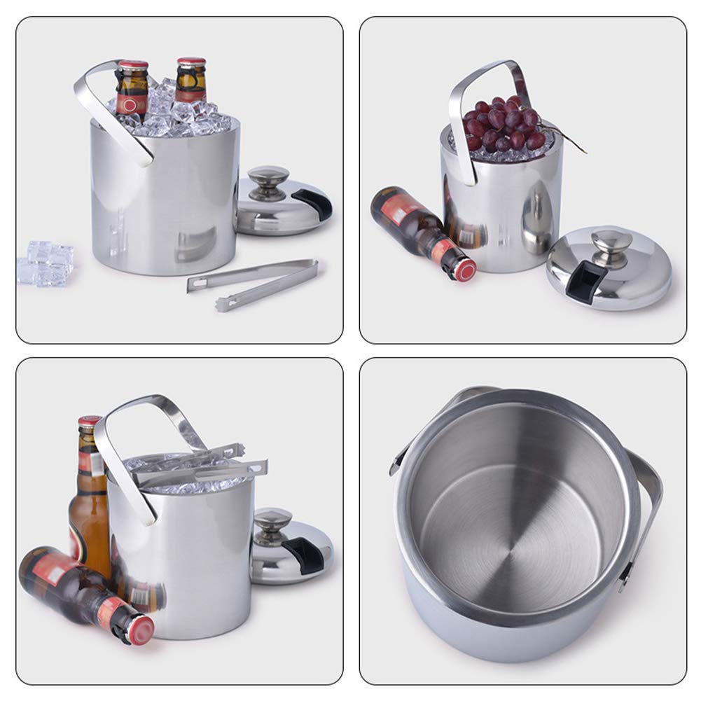 Ice Bucket Insulated with Tongs, Lids, Strainer 1.3 QT, Stainless Steel Insulated Double Wall Bar Ice Bucket Set for Wine, Champagne, Whiskey, Vodka, Cocktails, Beer