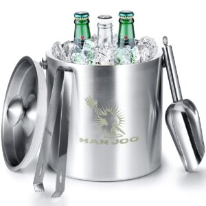 han joo stainless steel ice bucket - 3l capacity with lid, scoop, and tongs for cocktails, wine, beer, champagne - keep drinks ice-cold for parties, bars, and events