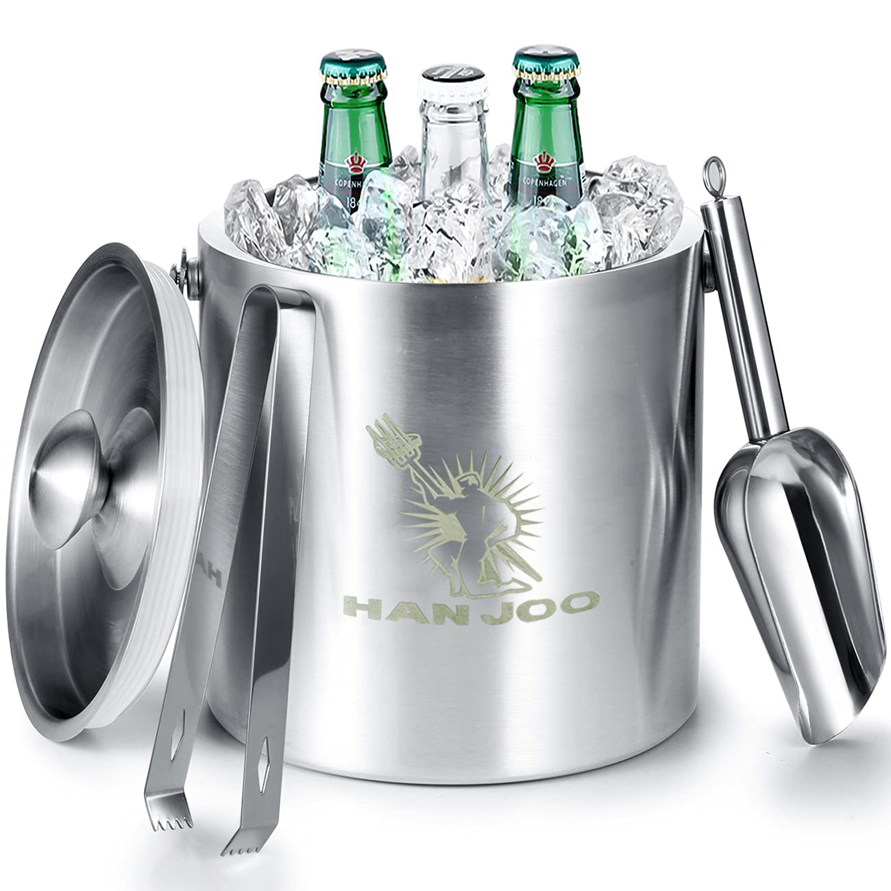 Han Joo Stainless Steel Ice Bucket - 3L Capacity with Lid, Scoop, and Tongs for Cocktails, Wine, Beer, Champagne - Keep Drinks Ice-Cold for Parties, Bars, and Events