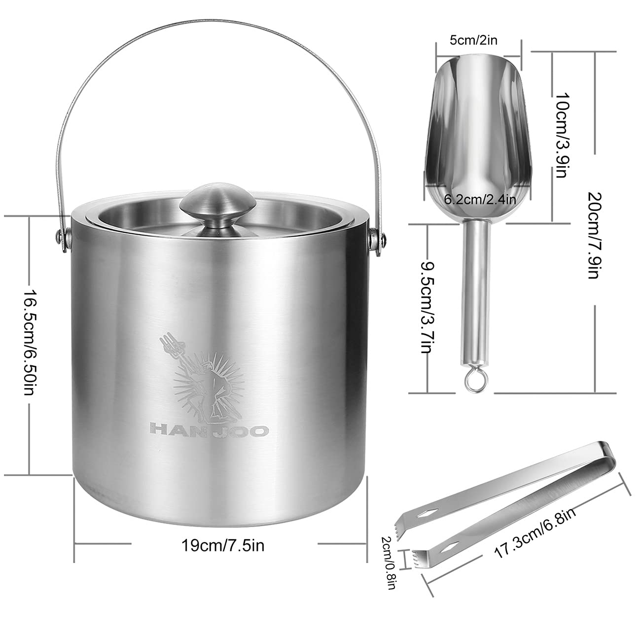 Han Joo Stainless Steel Ice Bucket - 3L Capacity with Lid, Scoop, and Tongs for Cocktails, Wine, Beer, Champagne - Keep Drinks Ice-Cold for Parties, Bars, and Events