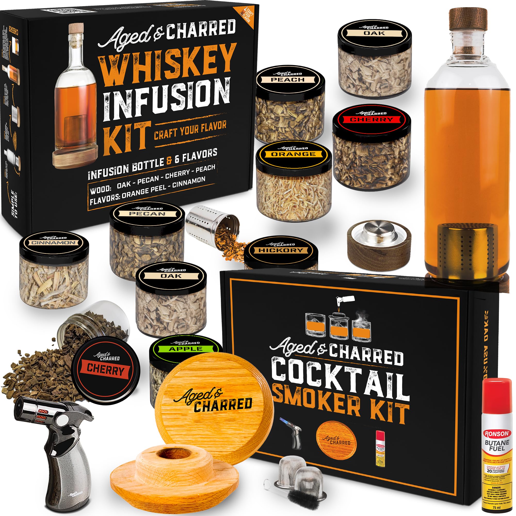 Cocktail Smoker Kit with Torch & Wood Chips (Butane Included) + Whiskey Infusion Kit Bundle for Whiskey, Bourbon, and Vodka for Men and Women.