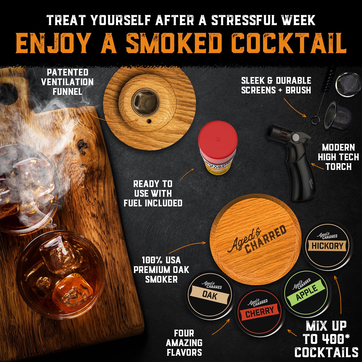 Cocktail Smoker Kit with Torch & Wood Chips (Butane Included) + Whiskey Infusion Kit Bundle for Whiskey, Bourbon, and Vodka for Men and Women.