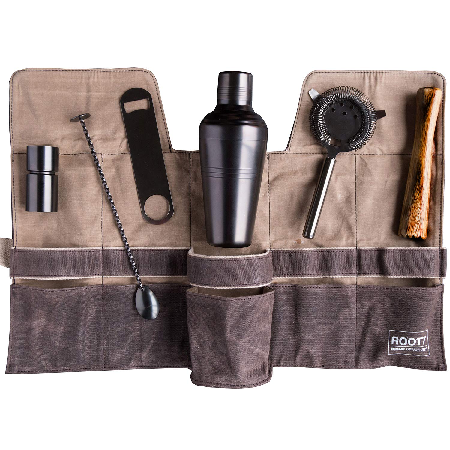 Mixology Bartender Kit | Premium Titanium Cocktail Set | 6-piece | Cocktail Shaker Set including Cocktail Shaker 19 oz, Bar Blade, Jigger, Wood Muddler, Cocktail Strainer, Bar Spoon and Wax Canvas Bag