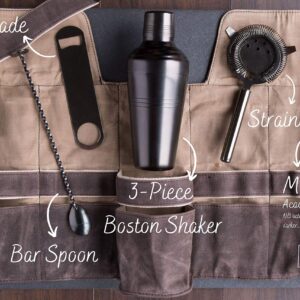 Mixology Bartender Kit | Premium Titanium Cocktail Set | 6-piece | Cocktail Shaker Set including Cocktail Shaker 19 oz, Bar Blade, Jigger, Wood Muddler, Cocktail Strainer, Bar Spoon and Wax Canvas Bag