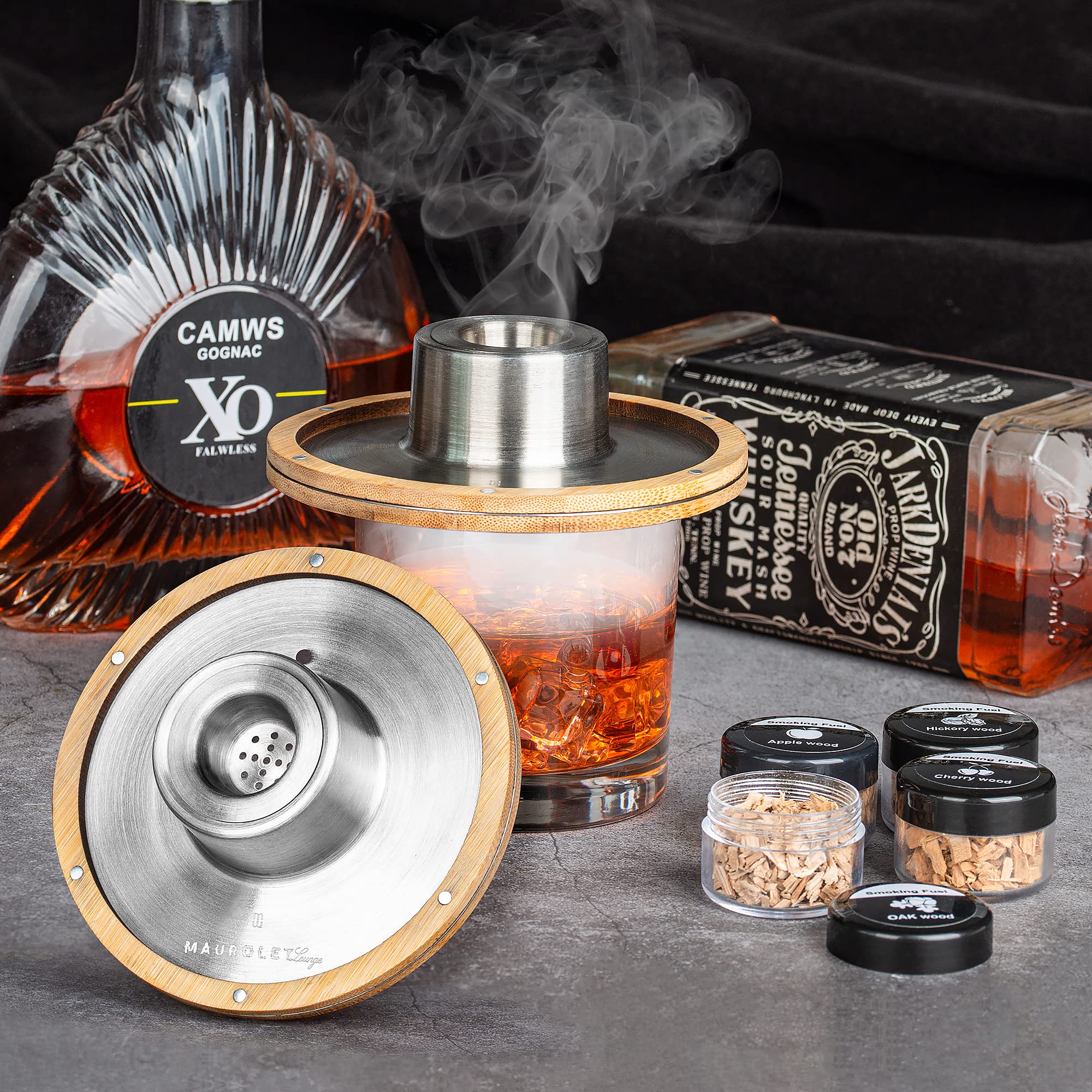 Maurolet Cocktail Smoker Kit with 4 Natural Wood Chips - Premium Non-Scorching Stainless Steel Smoke Infuser - Whiskey & Bourbon Old Fashioned Smoking Kit - Oak, Hickory, Cherry and Apple Flavours