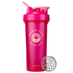 blenderbottle just for fun motivational classic v2 shaker bottle perfect for protein shakes and pre workout, 28-ounce, donut ever give up,pink
