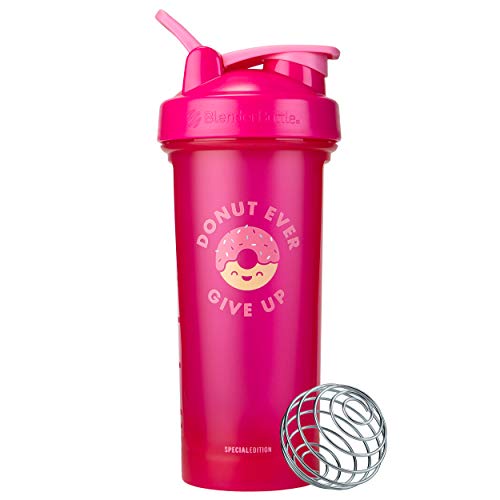 BlenderBottle Just for Fun Motivational Classic V2 Shaker Bottle Perfect for Protein Shakes and Pre Workout, 28-Ounce, Donut Ever Give Up,Pink