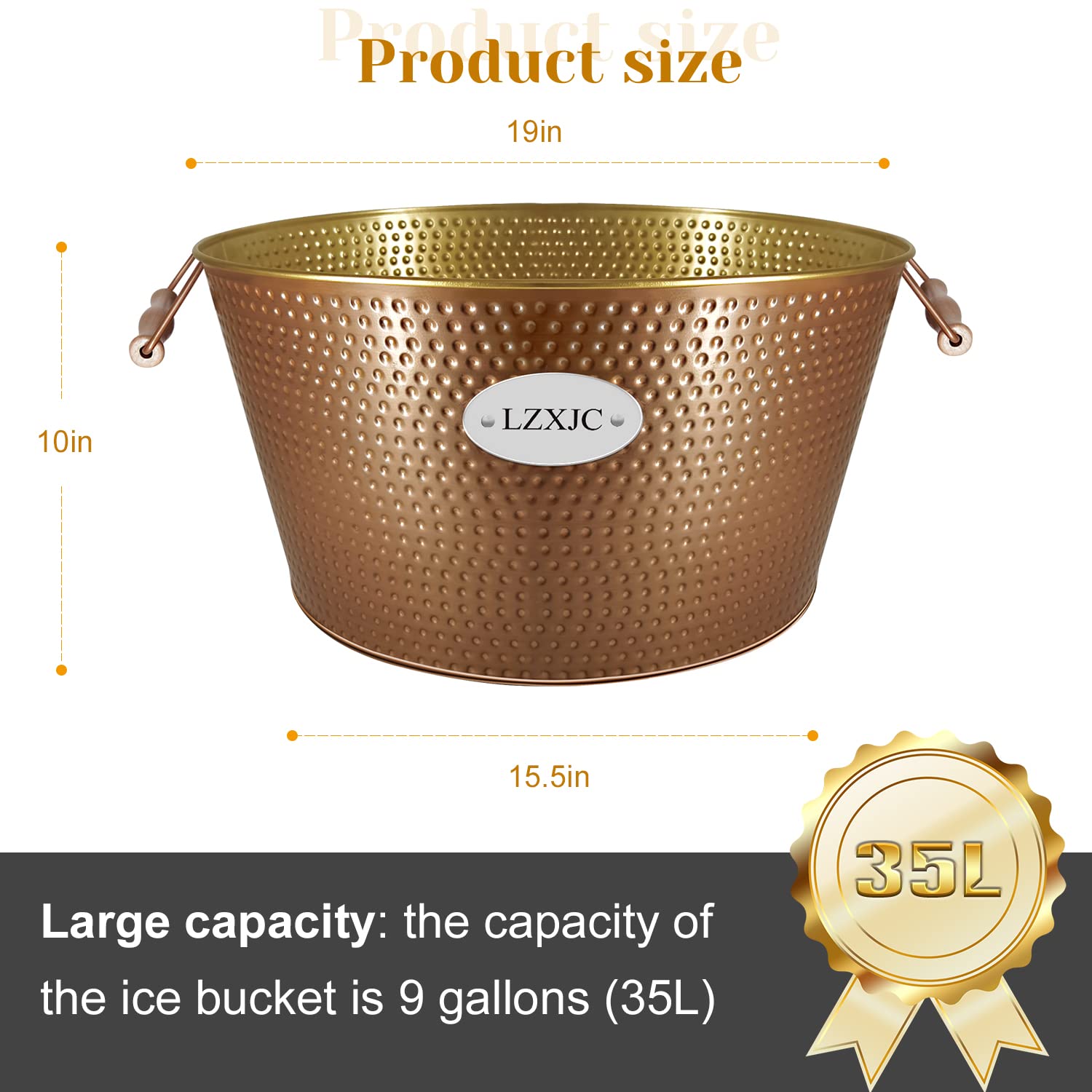 9 Gallons Gold Large Ice Bucket,Ice Bucket for Cocktail Bar,Ice Buckets for Parties,Galvanized Tub,Large Beverage Tub for Home Kitchen Outdoor