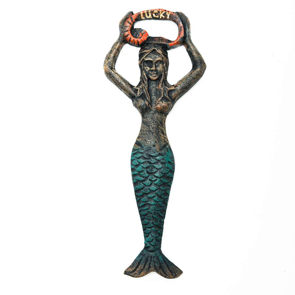 Sungmor Vintage Mermaid Bottle Opener, Cast Iron Cool Beer Bottle Opener, 7.5 Inch Small Handy Coke Bottle Cap Opener, Rustic Unique Fish Hand Beverage Bottle Opener, Christmas Thanksgiving Party Gift