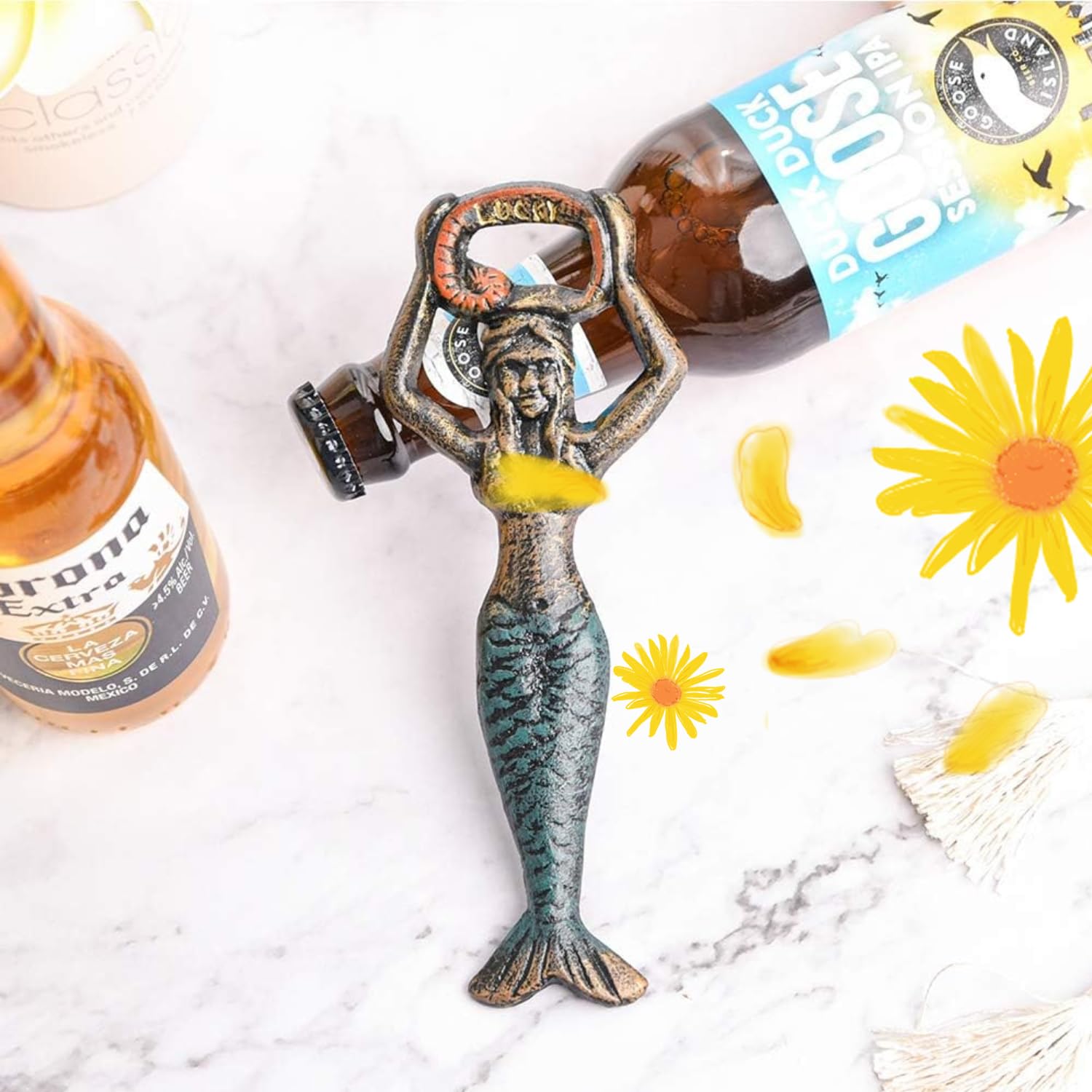 Sungmor Vintage Mermaid Bottle Opener, Cast Iron Cool Beer Bottle Opener, 7.5 Inch Small Handy Coke Bottle Cap Opener, Rustic Unique Fish Hand Beverage Bottle Opener, Christmas Thanksgiving Party Gift