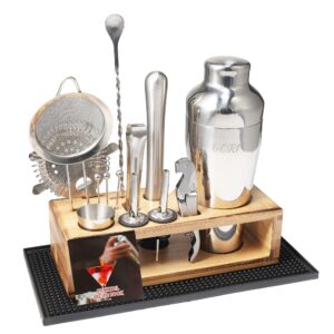 Bartender Kit, Cocktail Shaker Set for Drink Mixing,Bar Set with Silicone Pad,Bar Tools with Stand,Martini Shaker, Jigger, Strainer, Bar Mixer Spoon, Tongs, Opener