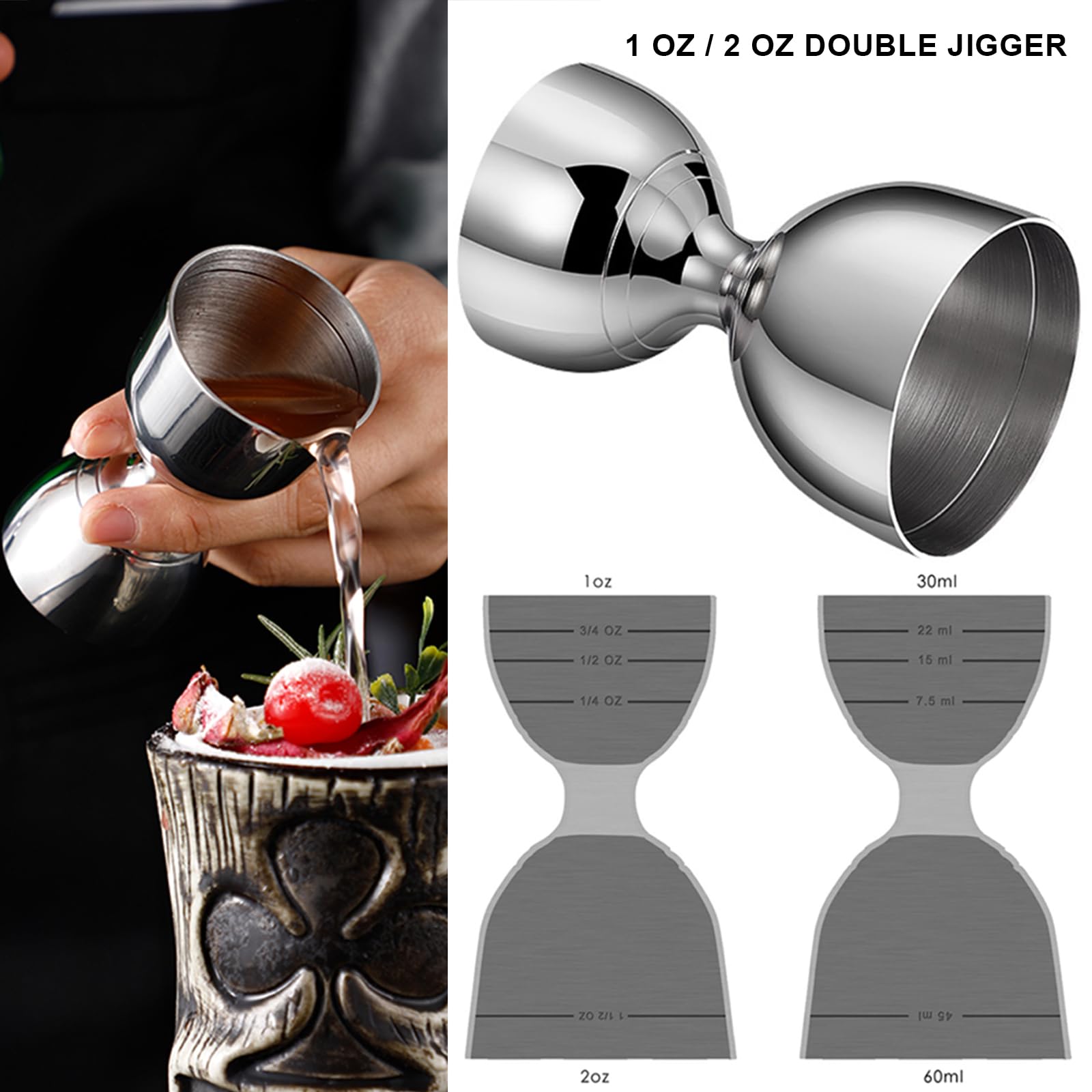 Measuring Jigger & Mixing Spoon Set, Cocktail Jigger for Bartending,Bell Jigger with 1oz and 2oz Measuring Marks, Cocktail Measuring Jigger with Cocktail Spoon,Cocktail Mixing Spoon,bar Mixing Spoon.