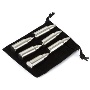 Bullet Whiskey Chillers Stones - 1.75in Whiskey Rocks by The Wine Savant Set of 6 - Stainless Steel Bullet Shaped Ice Cubes, Gift Box Come, Tongs and Storage Bag, Whiskey or Scotch Rocks (Silver)
