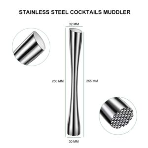 GRUB'S UP 10" Muddler for Cocktails, 255mm Stainless Steel Sturdy Muddler Bar Tool for Old Fashioned Bitters, Creating Mojitos, Margaritas, Mint & Fruit Based Drinks Cocktail