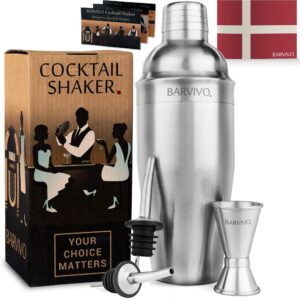 barvivo cocktail shaker set with double jiggers & 2 liquor pourers - 24oz cocktail set martini shaker made of brushed stainless steel with cocktail strainer - premium cocktail accessories for drinks
