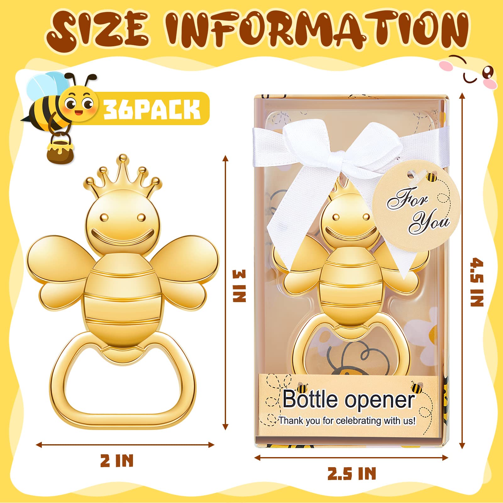 36 Sets Bee Bottle Opener Bee Shaped Wedding Party Favor Souvenirs Beer Bottle Openers for Baby Shower Gender Reveal Bridal Birthday Party Decorations and Supplies