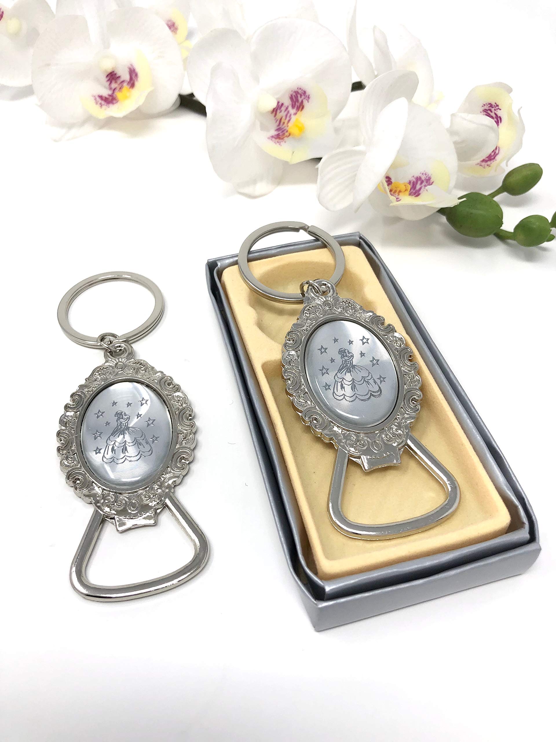 Quinceañera Keychain Bottle Opener Favor (12 PCS) - Sweet 15 Mis Quince 15 Birthday Sweet Sixteen Silver Color Metal Key Ring Gift for Guests